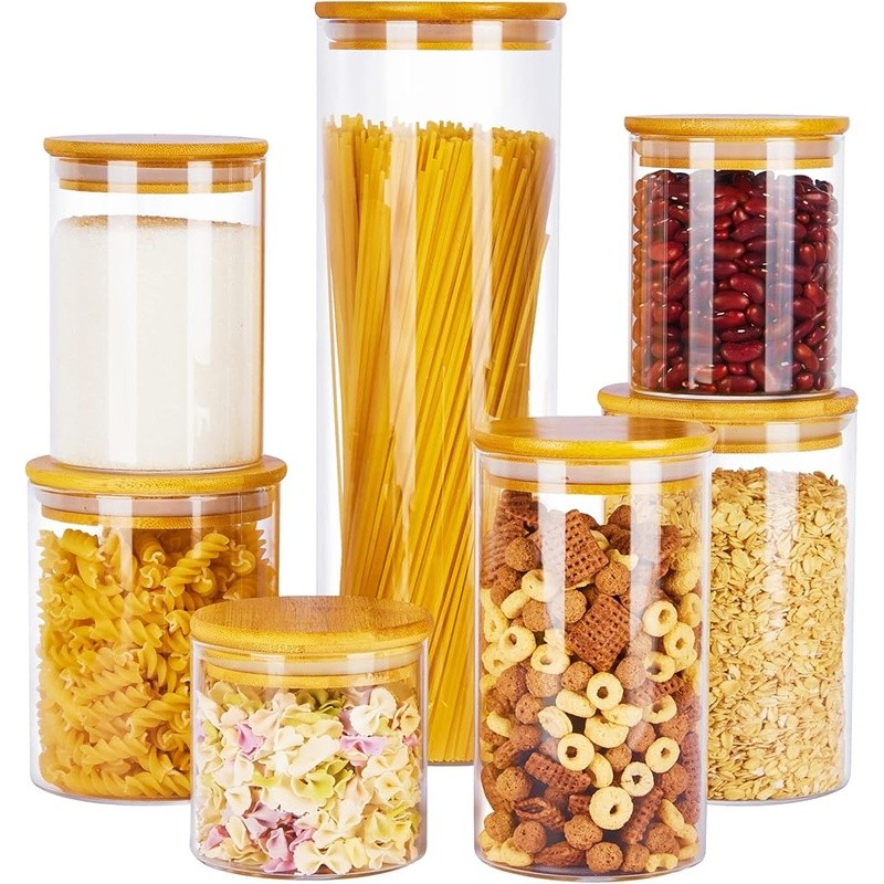Premium Glass Storage Jars Set W/ Bamboo Lids 7pcs Ideal Food Organization New