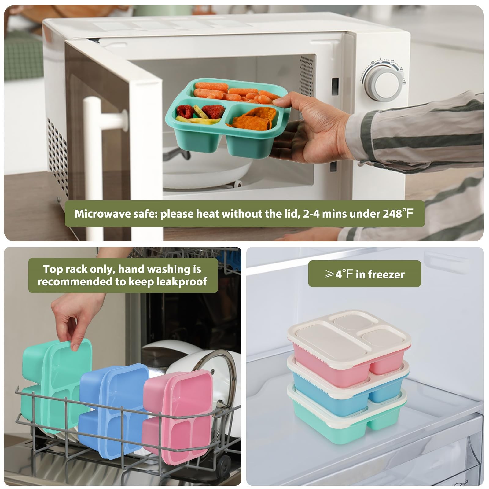 Snack Box Container with lids, Reusable 3 Compartment Bento S, Multicolor