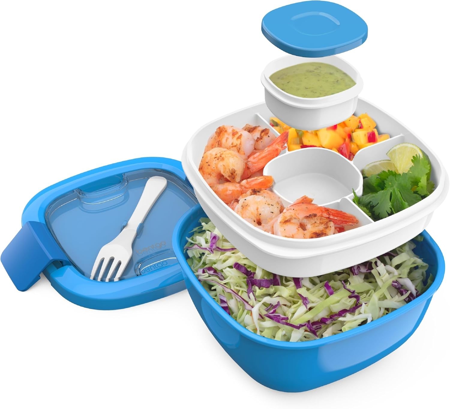 Adult Blue Salad Container with 4-Compartment Tray and Accessories