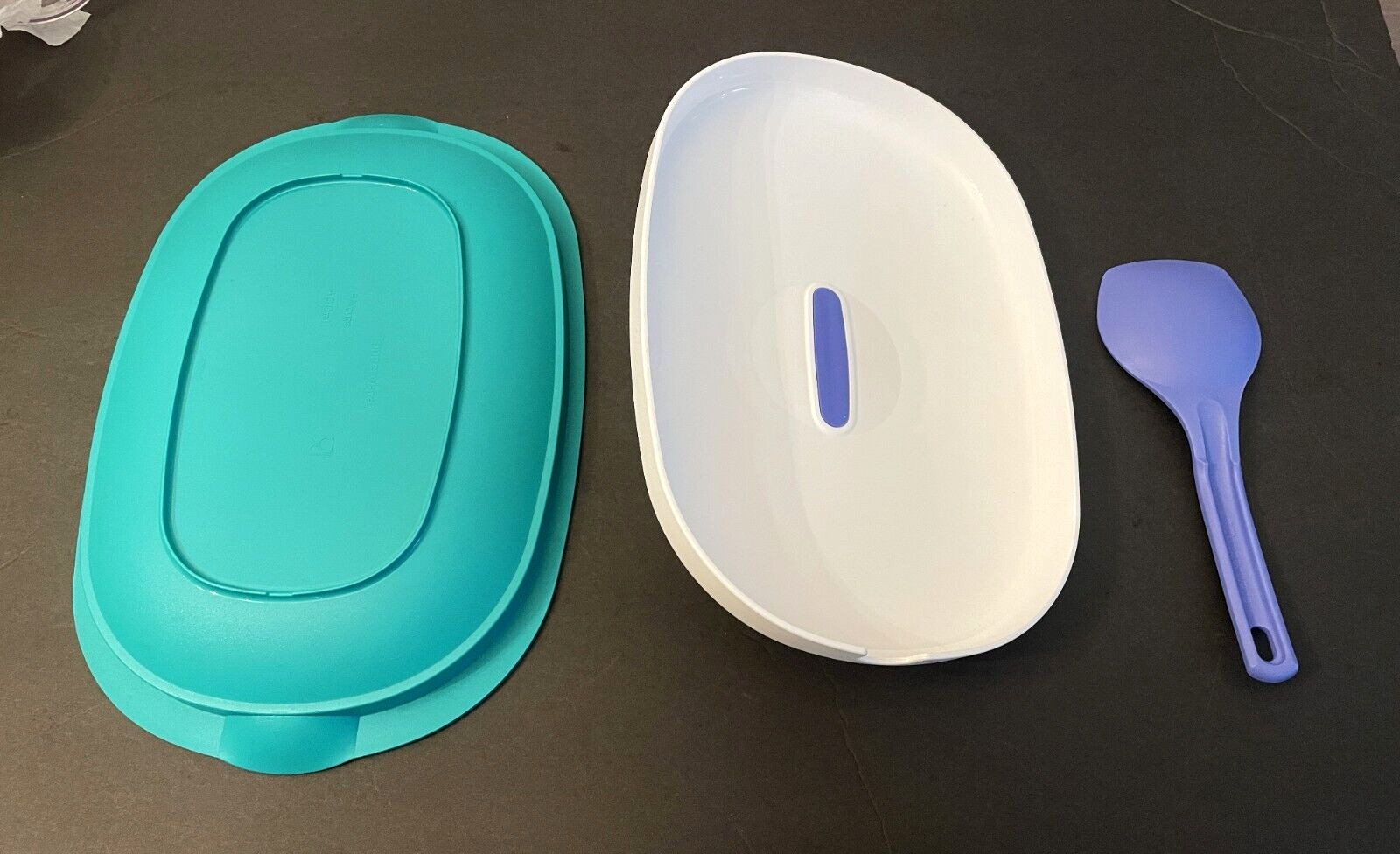 Vintage 13″ Tupperware Legacy Oval Teal Serving Dish Casserole W/ Lid and Spoon