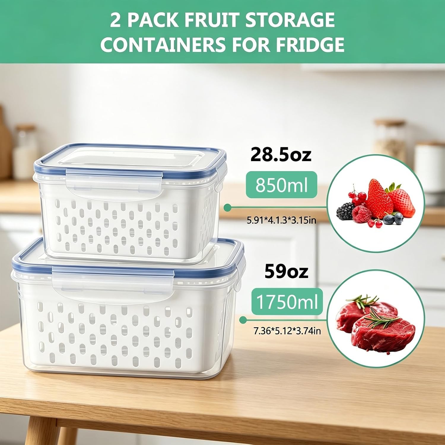 2 Pack Fruit Storage Containers for Fridge with Removable Colanders, Dishwash…