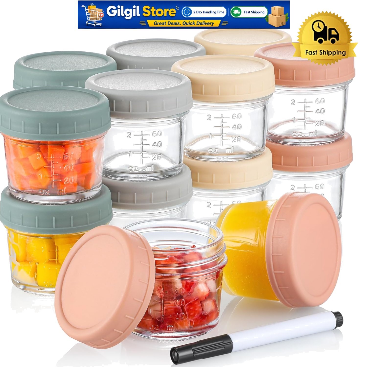 4 oz Glass Baby Food Storage Containers with Airtight Lids – 16 Pack Set