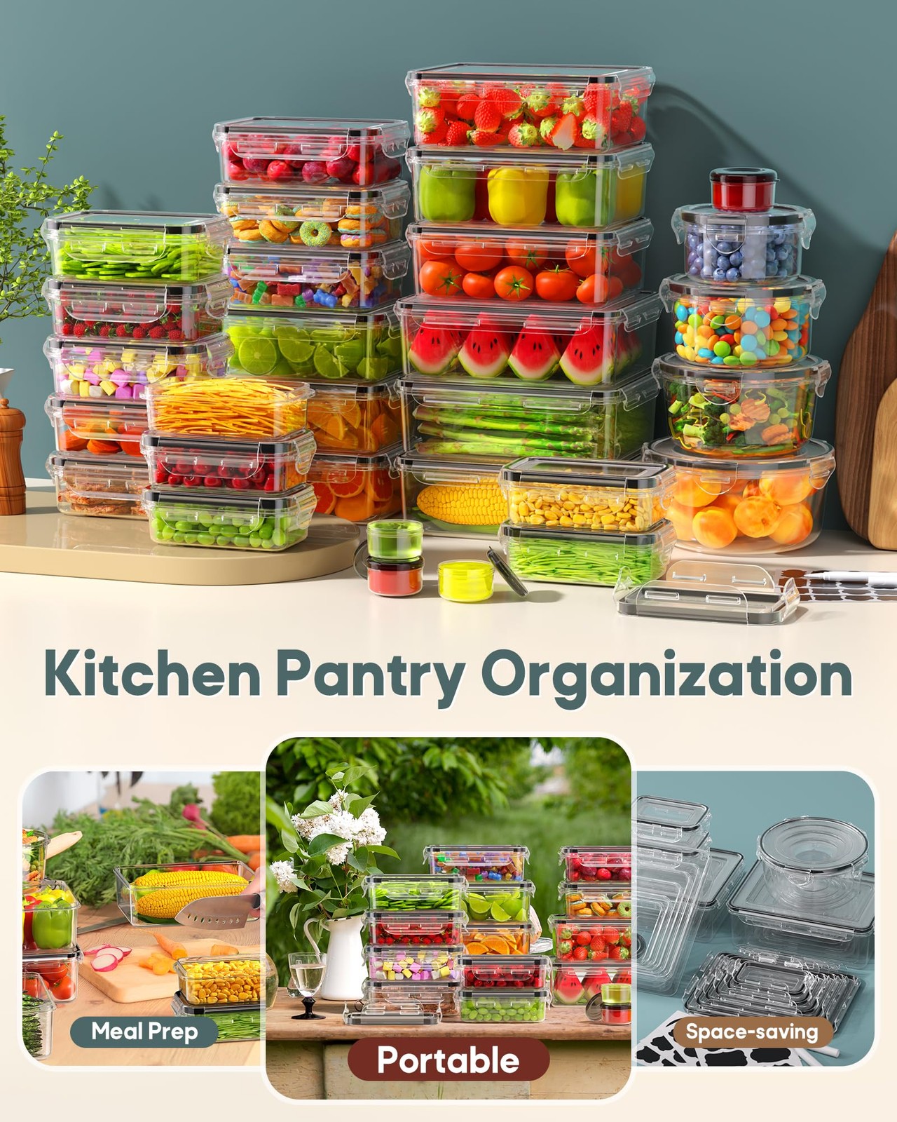 60~Piece Airtight Food Storage Containers Set, BPA~Free, Microwave Safe