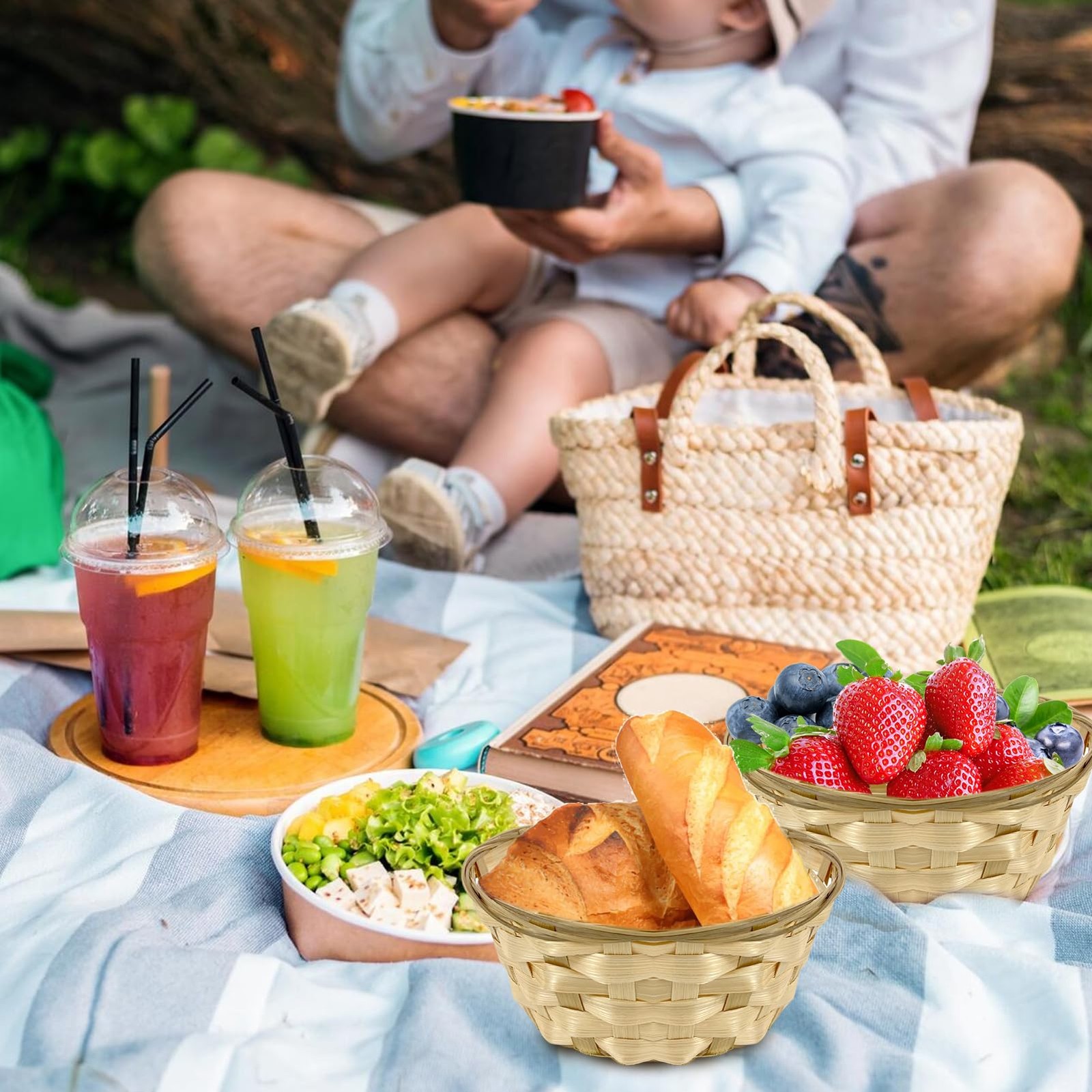 10 Pack Round Gift Baskets, 8 Inch Woven Bread Basket Wooden Food Serving Box…