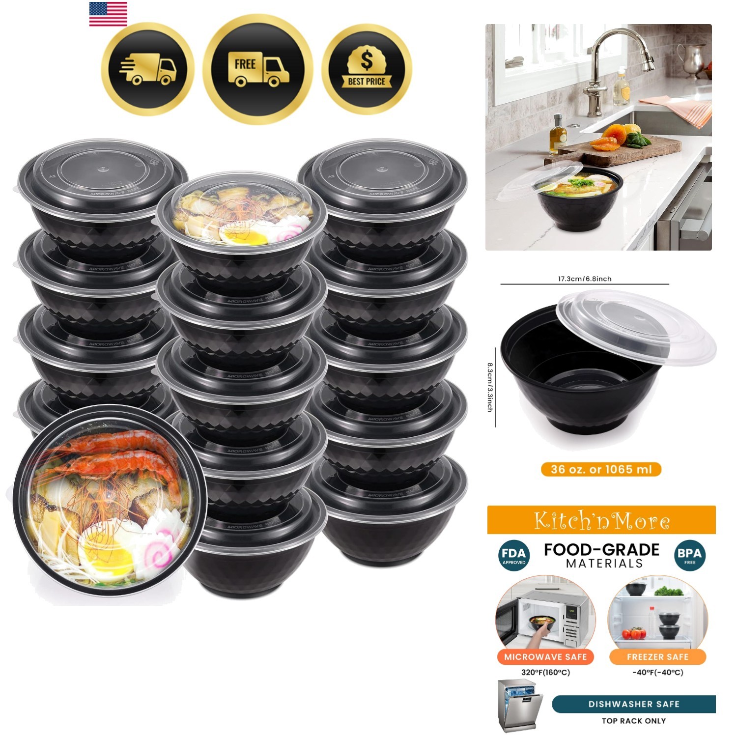 36oz Extra-Thick Meal Prep Bowls with Lids, Plastic Containers with Clear Cov…