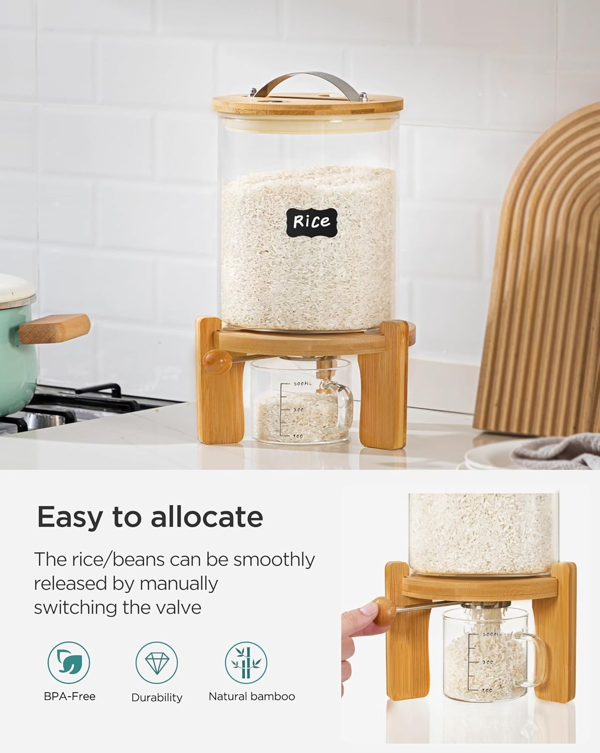 5-7 lbs Glass Rice Dispenser W/ Wooden Stand Flour & Cereal Container W/ Glass