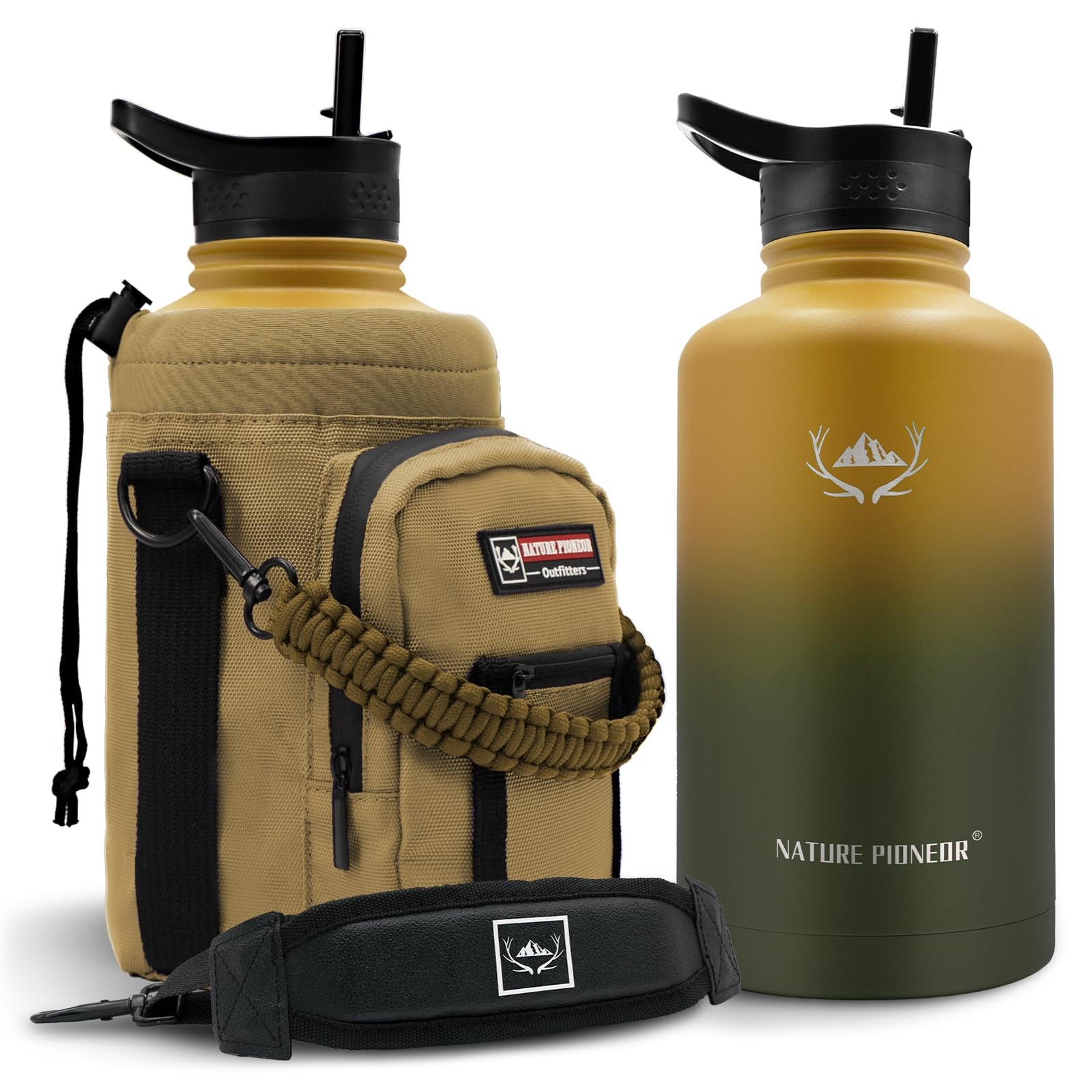 Nature Pioneer 64oz Insulated Stainless Steel Water Bottle w/ Straw & Holder