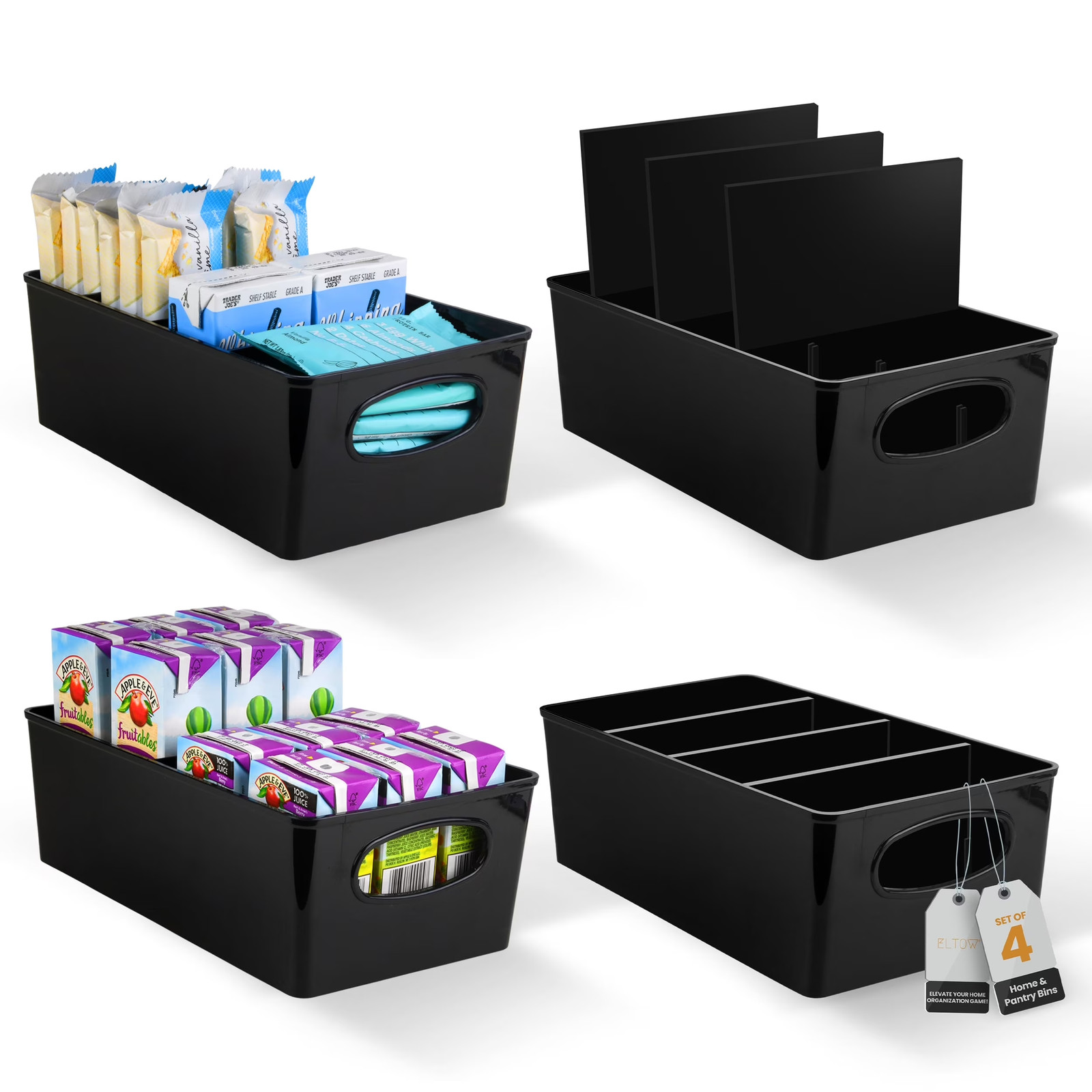 Pantry Bins for Food Organization and Storage, Black, Pack of 4