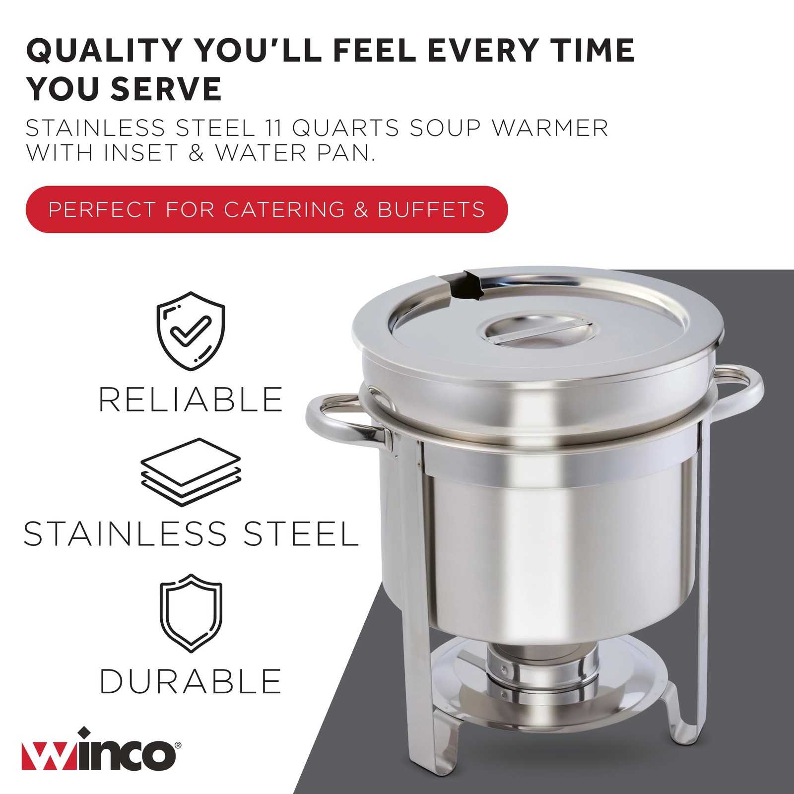 Winco 211 Stainless Steel Marmite Soup Chafer 11qt Round W/ Cover & Fram