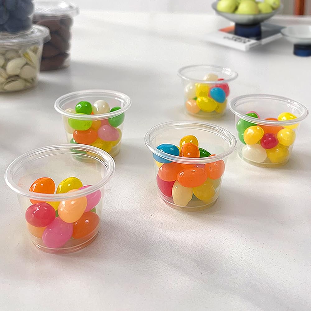 120 Sets – Small Plastic 1oz Condiment Cups with Lids, Portion for Clear