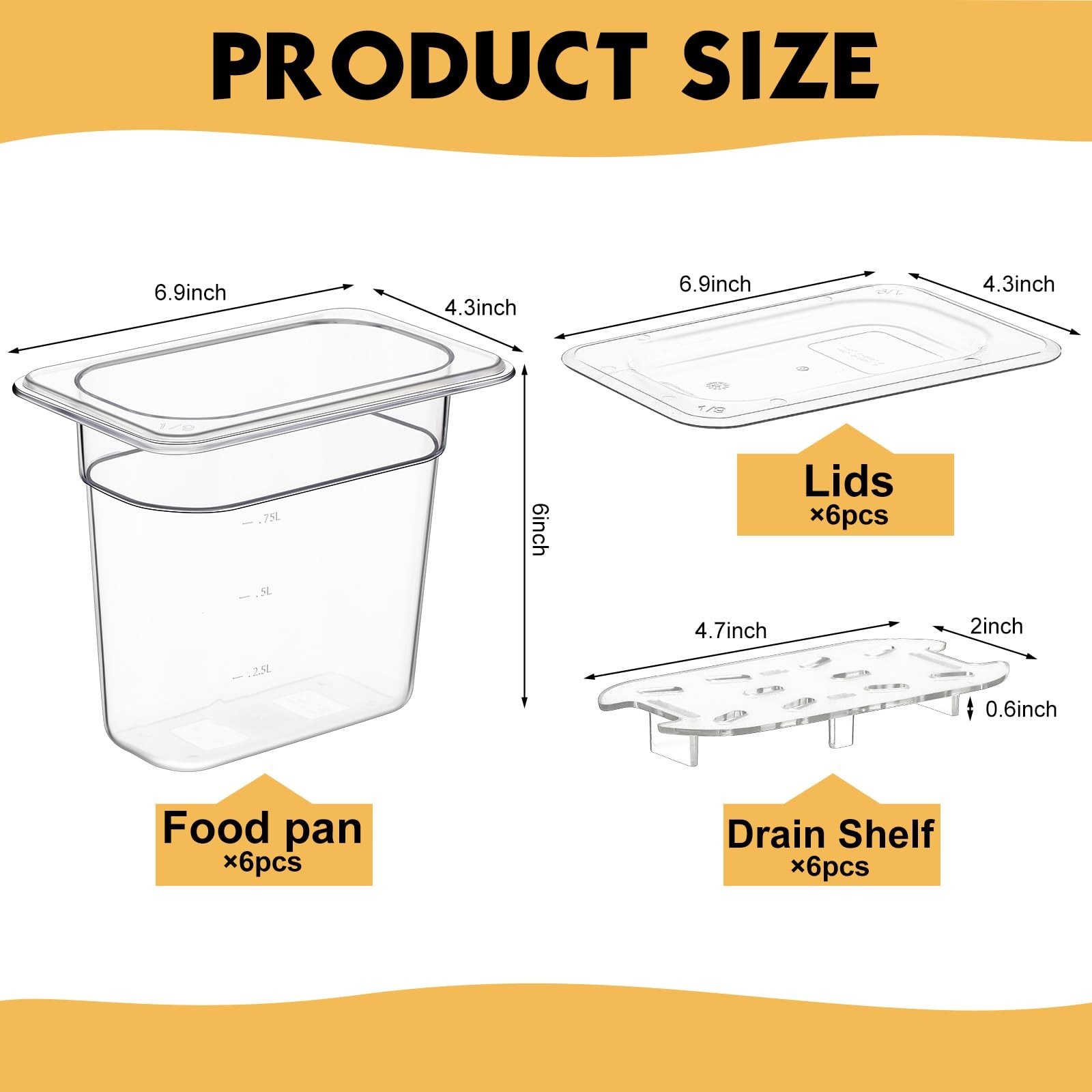 Sunnyray 6 Set 1/9 Size Polycarbonate Food Pans with Lids and Drain Shelf Dee…
