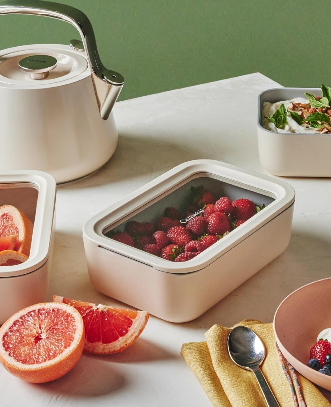 Caraway Glass Food Storage 6.6 Cup Glass Container Ceramic Coated Perracotta