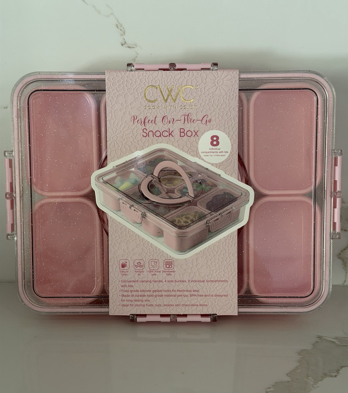 New CWC Snack Box Airtight Container 8 Separate Compartments With Lids Pink NWT