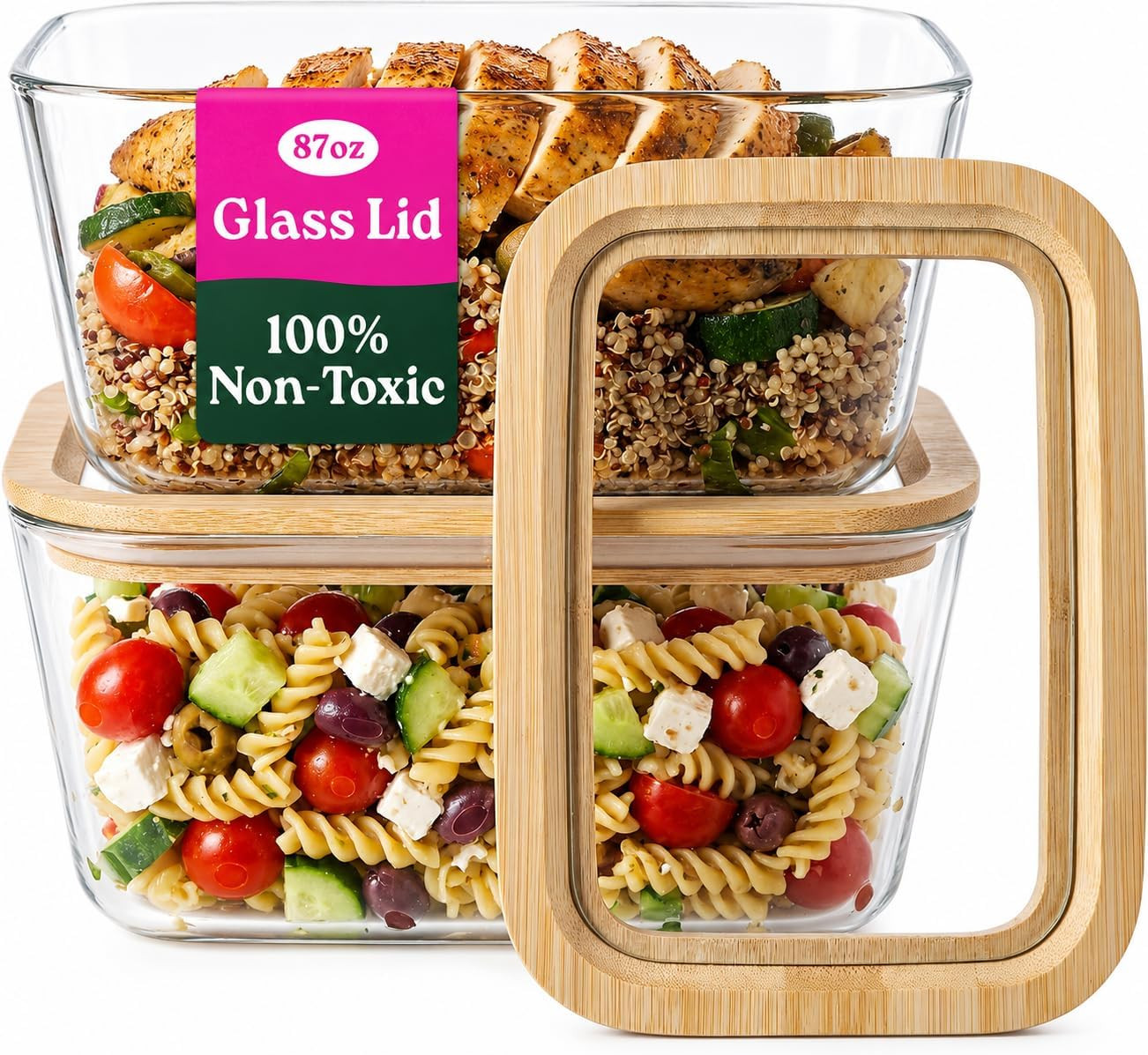 2-Pack-87.7 Oz Large Glass Food Storage Containers with Clear-Top Bamboo Lids –