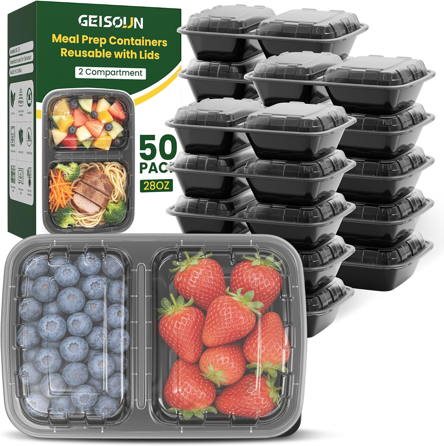 50 Pack 28oz Meal Prep Containers with Lids 2-Compartment, To Go Take Out Plasti