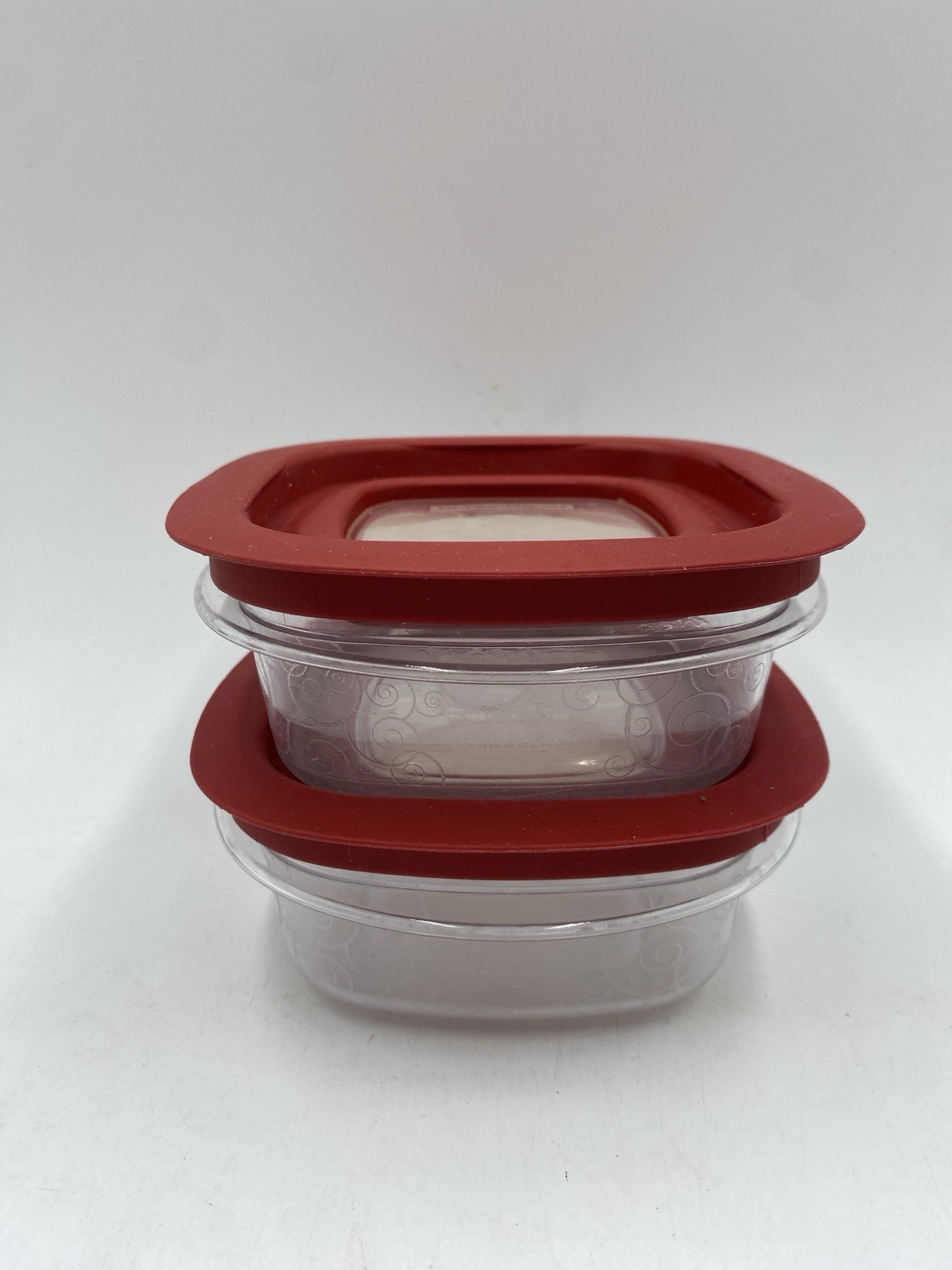 *2 Rubbermaid Premier Storage Container 1.25c FG 7H74 Red Lid Clear w/ Swirls