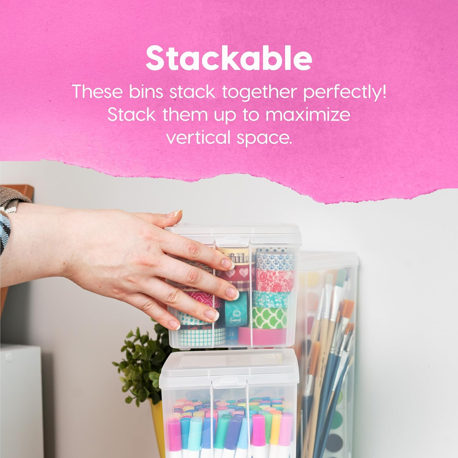 Vertical Plastic Flip Top Storage Containers Bins with Lids for Pantry, Home, Of
