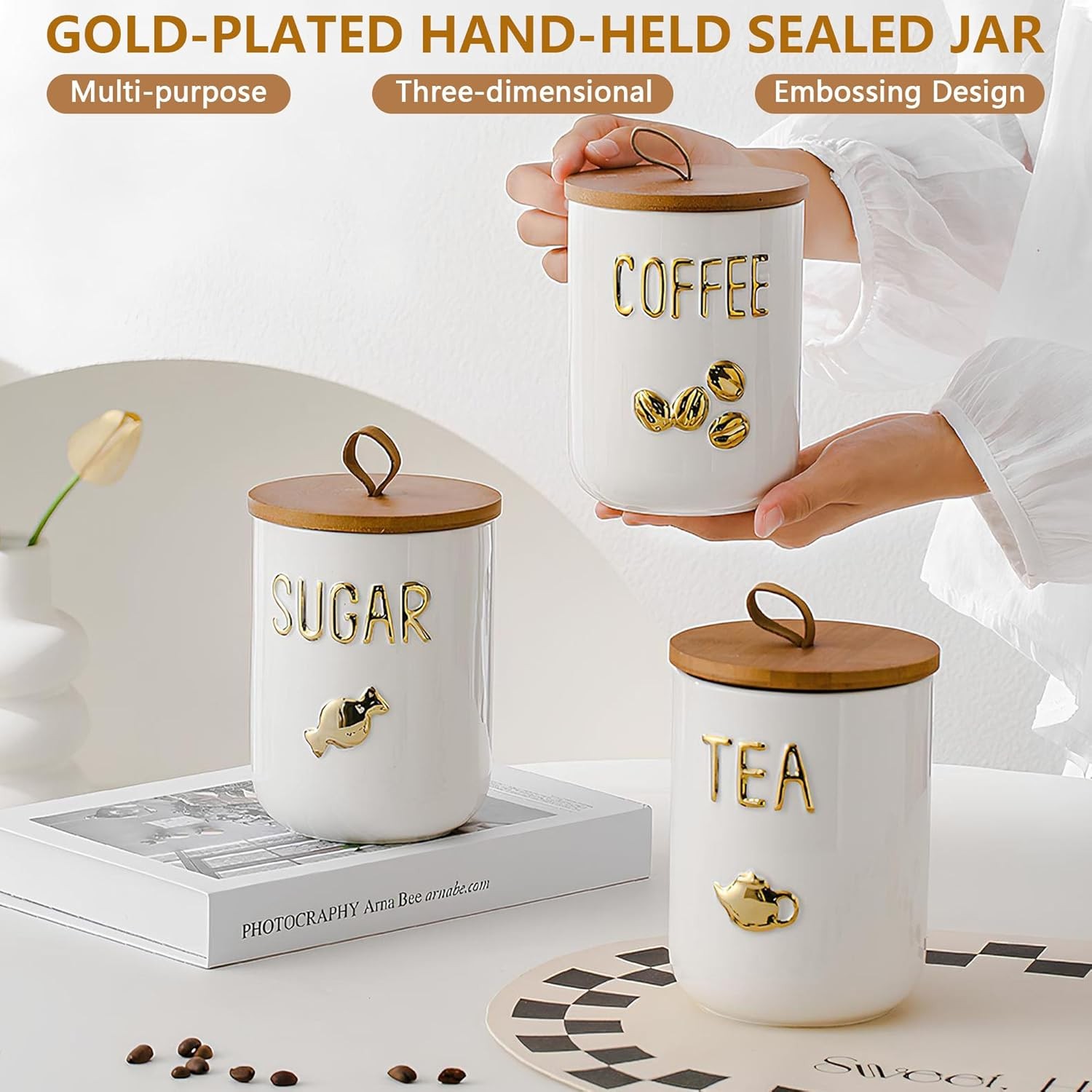 Ceramic Canister Set with Airtight Seal Bamboo Lid Silicone, 27oz Food Storage