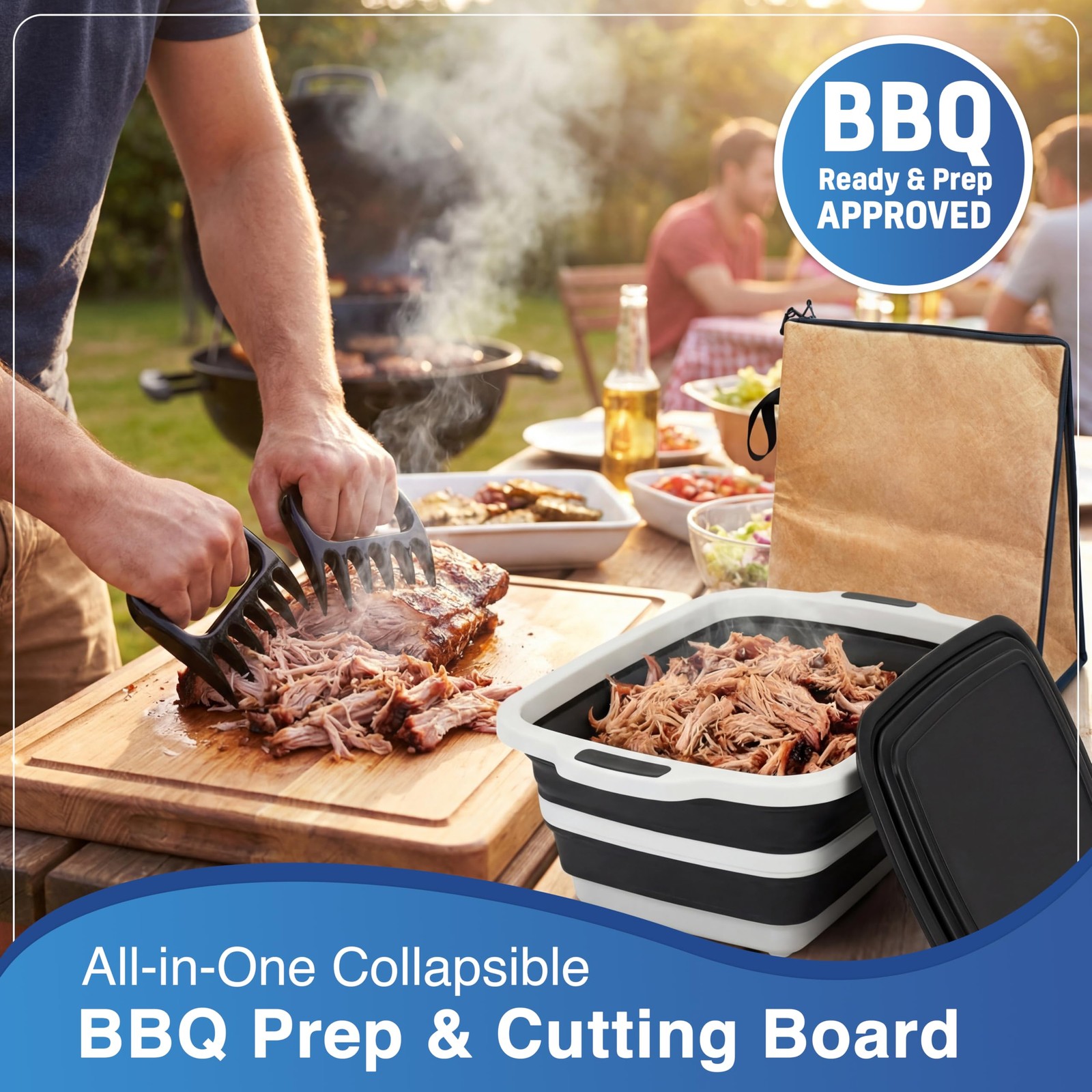 3pcs Barbecue Prep Tub, BBQ Blanket, Meat Shredder Claws | Collapsible 3 in 1…