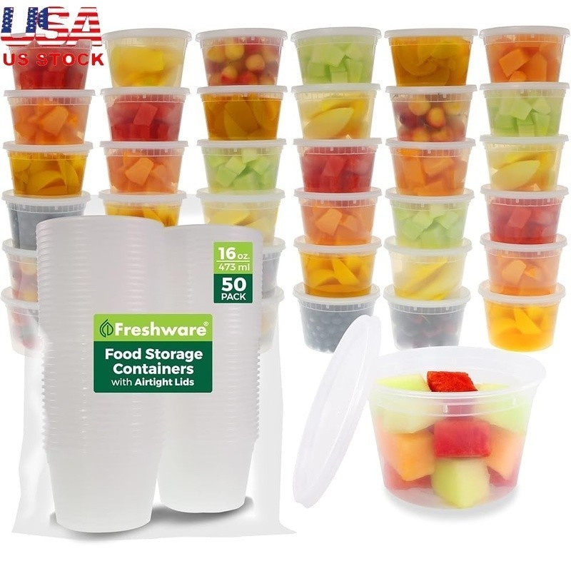 Leak Proof Meal Prep Containers 50 Pack BPA Free Plastic Food Storage 16oz New