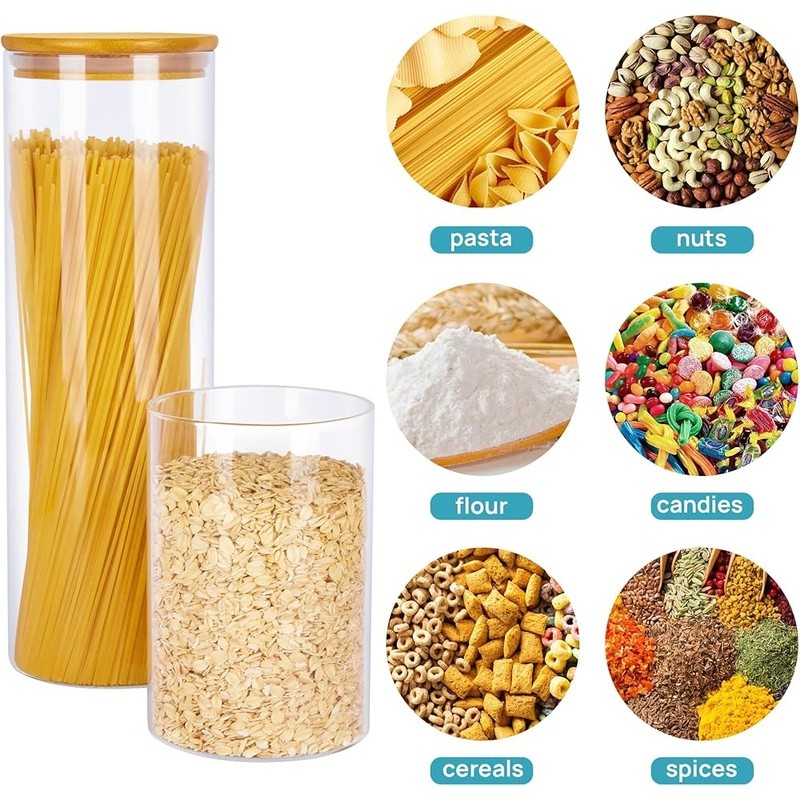 Premium Glass Storage Jars Set W/ Bamboo Lids 7pcs Ideal Food Organization New