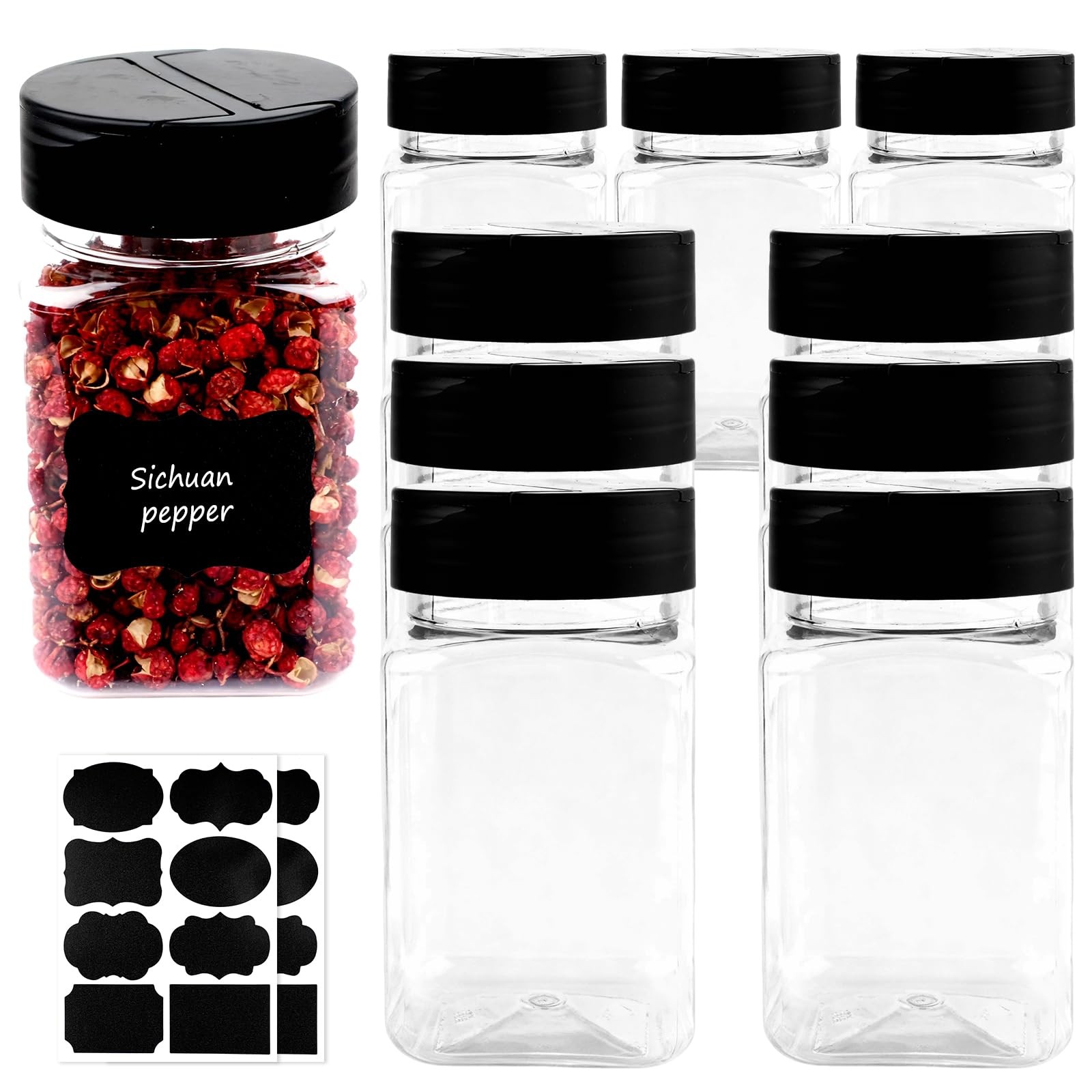 9 Pcs 12 oz Plastic Spice Jars with Black Cap,Square Plastic Bottle Container…