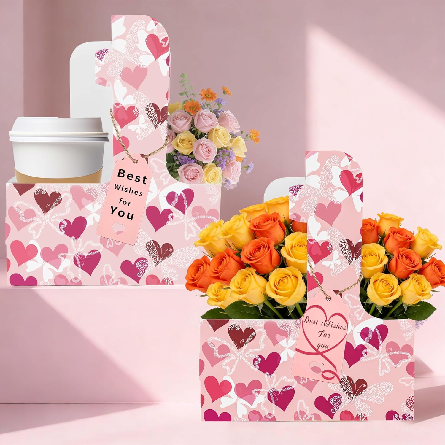 8 Set Drink Carrier,Cardboard Cup Holder with Love, Coffee Cup Holder with Handl
