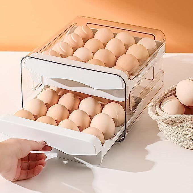 Stackable Refrigerator Egg Storage Organizer – Holds 32 Eggs, White PP Plastic