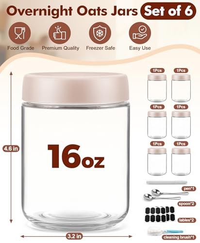 COZYVERGE 6 PACK 16 OZ OVERNIGHT OATS CONTAINERS AIRTIGHT LIDS – BEIGE