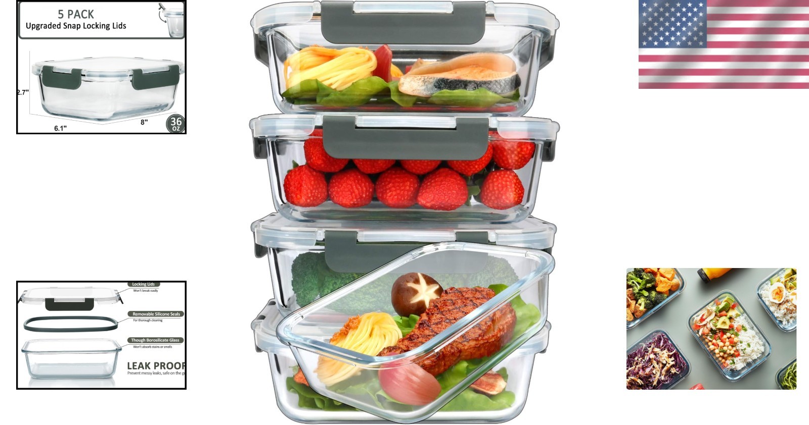 Space-Saving 5-Pack Glass Meal Prep Containers – Microwave Safe & Leak Resistant