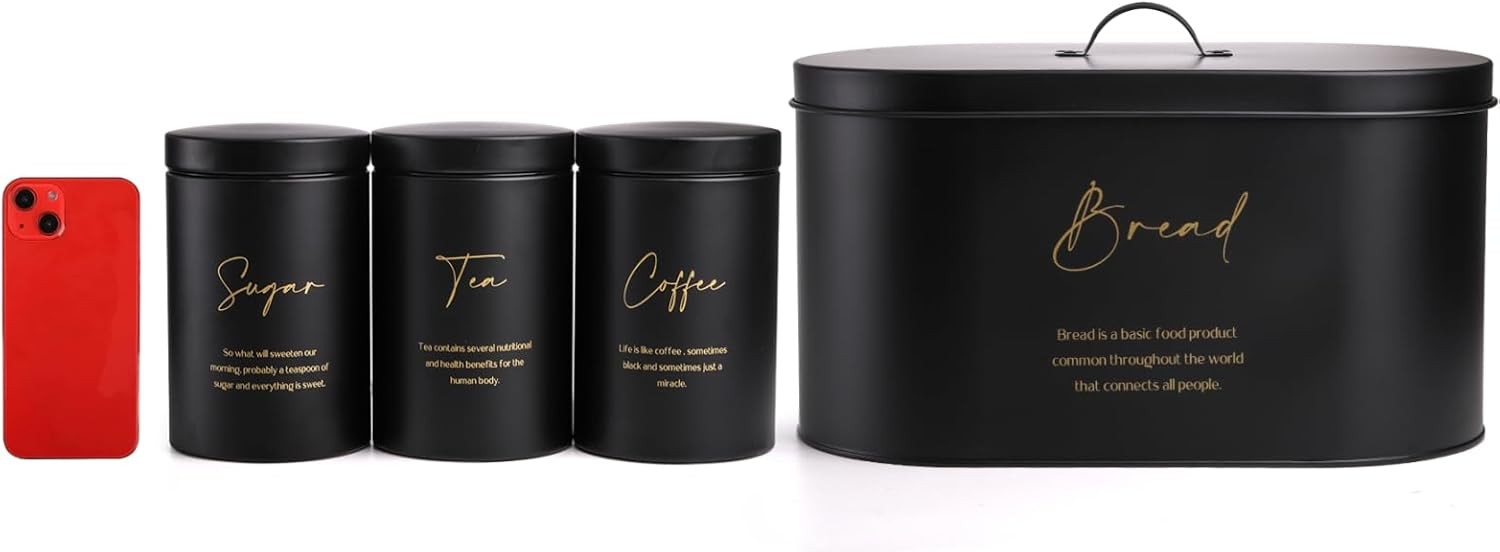 Set of 4 Bread Box and Canister Set for Kitchen Countertop, Metal Bread Bin