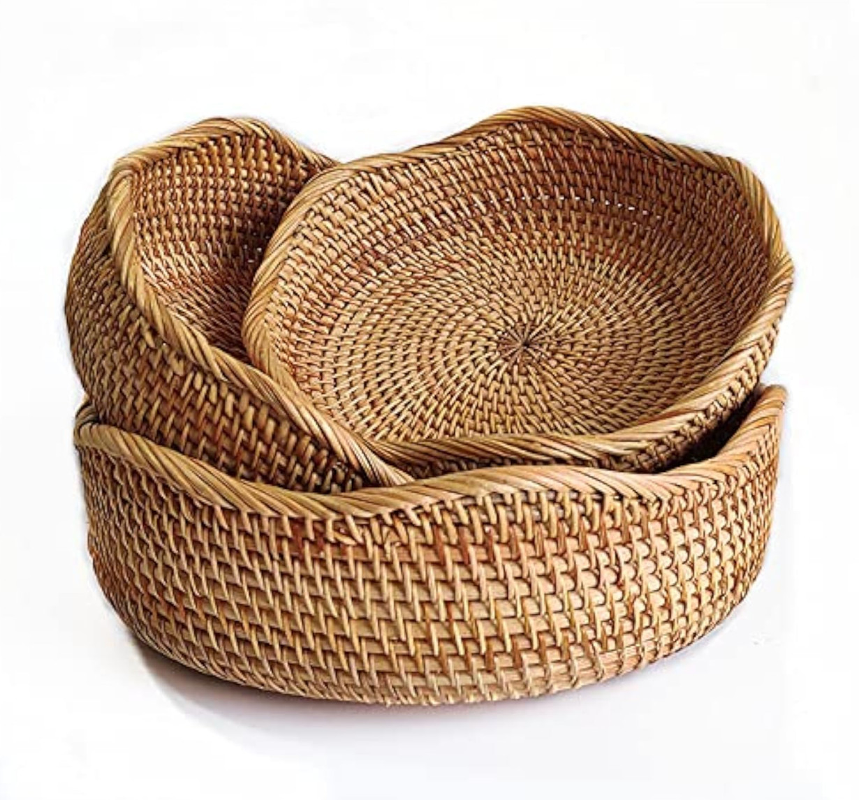 Natural Rattan Round Fruit Basket Bowls Wavy Scalloped Hand Woven Decor Serving