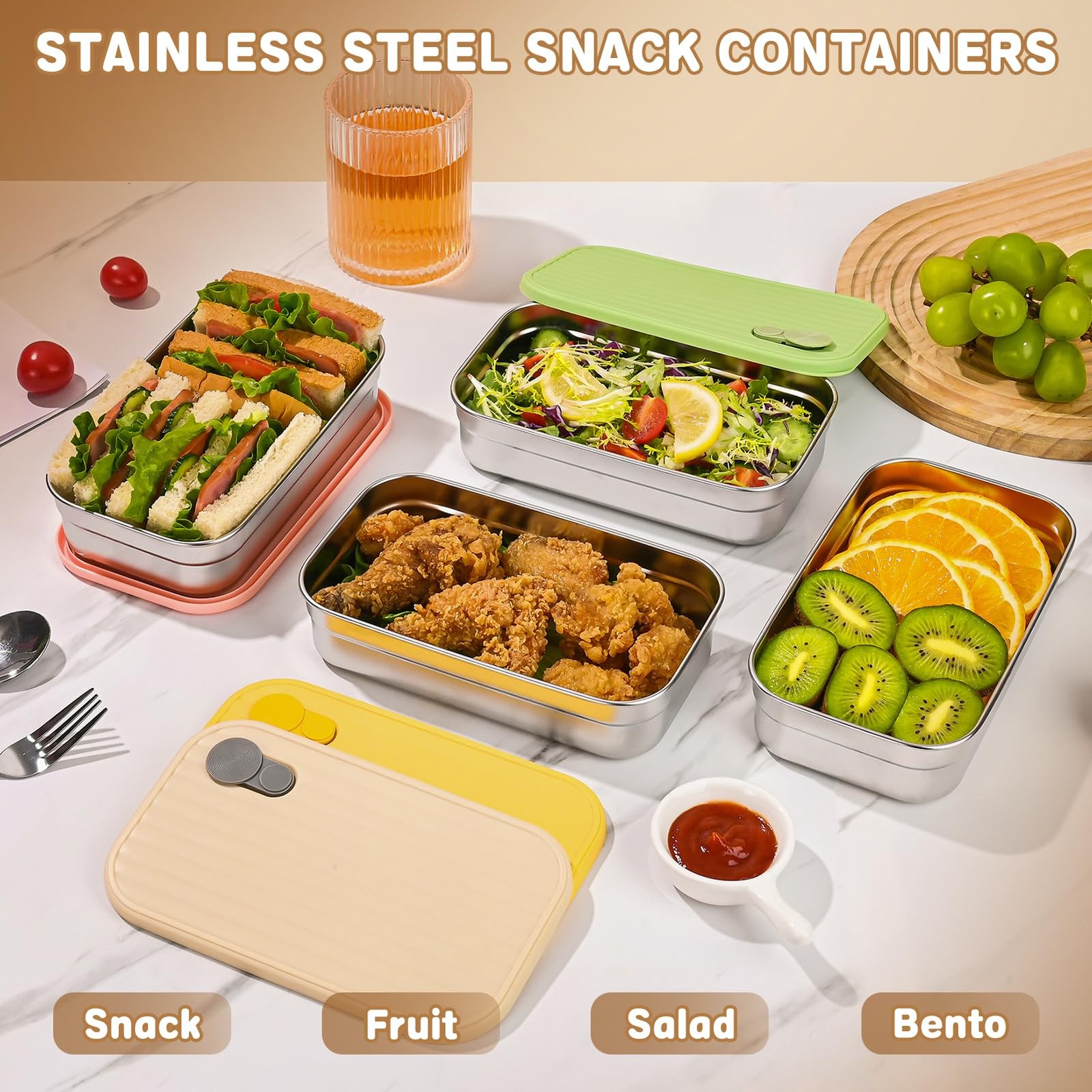 4 Pack Stainless Steel Snack Containers, 22oz Reusable Food Storage Container…