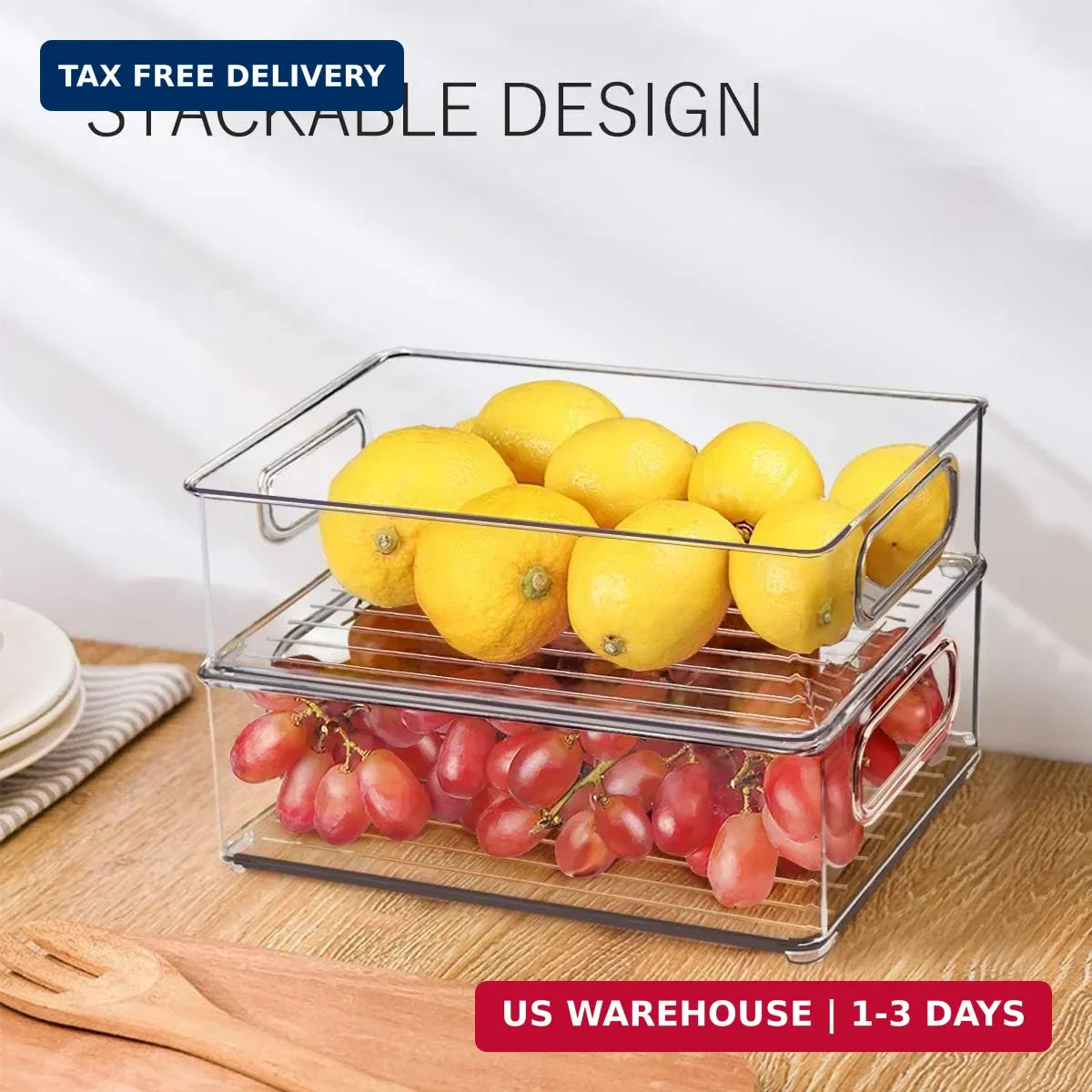 Stackable Refrigerator Organizer Bins, 6 Pack Clear Kitchen Organizer Container