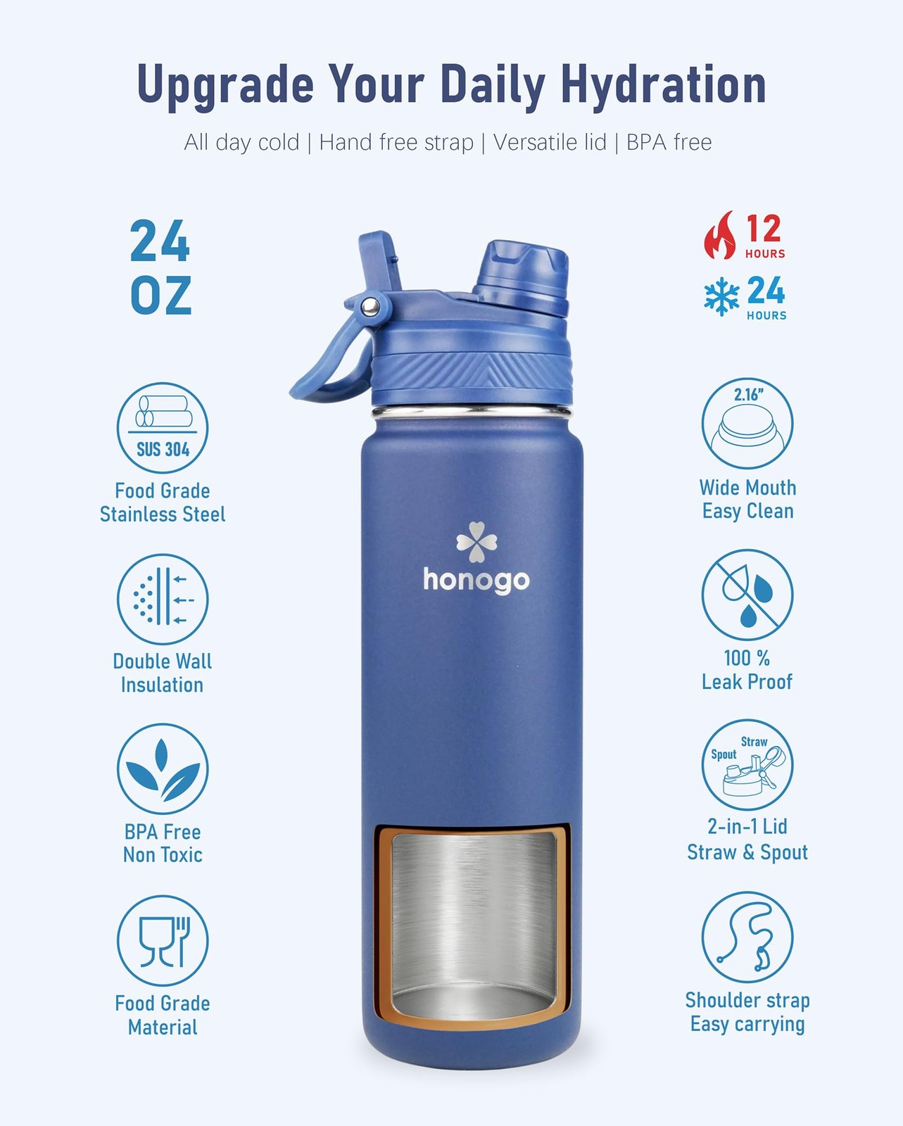 Honogo 24 Oz Insulated Water Bottle Shoulder Strap Stainless Steel Tumbler