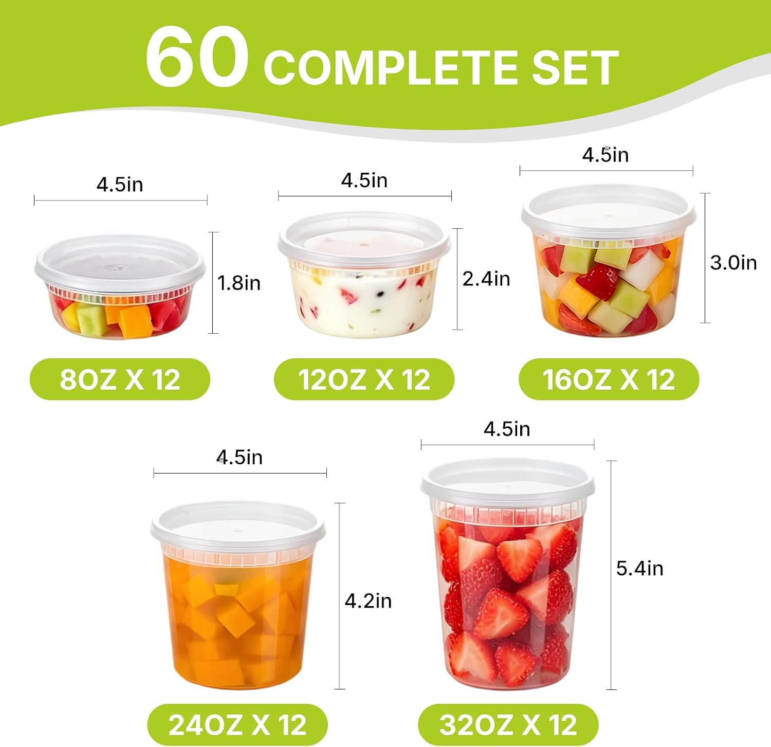 60 Leakproof Deli Containers with Lids – 5 Sizes, BPA Free, Microwave Safe
