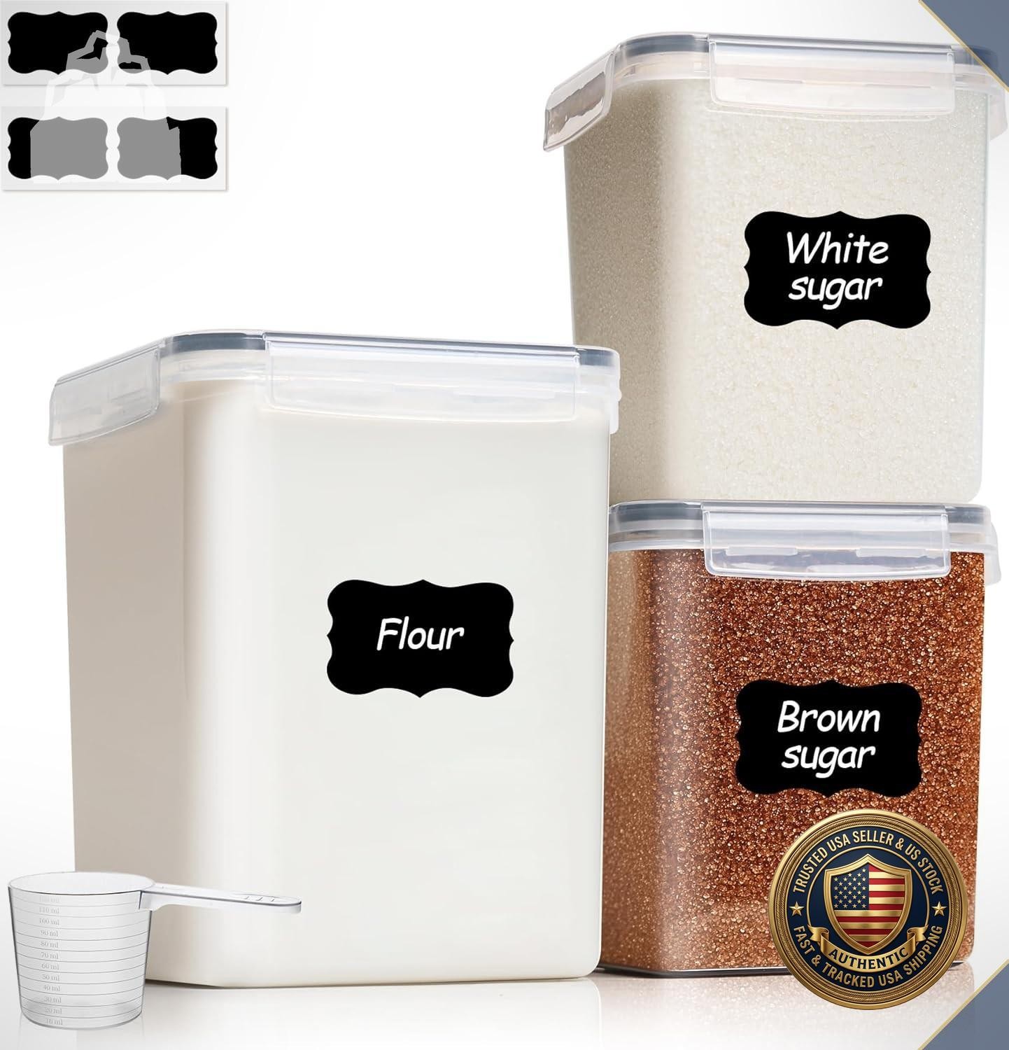 Airtight Flour Sugar Container Set 3pc 5lb Pantry Storage Stackable
