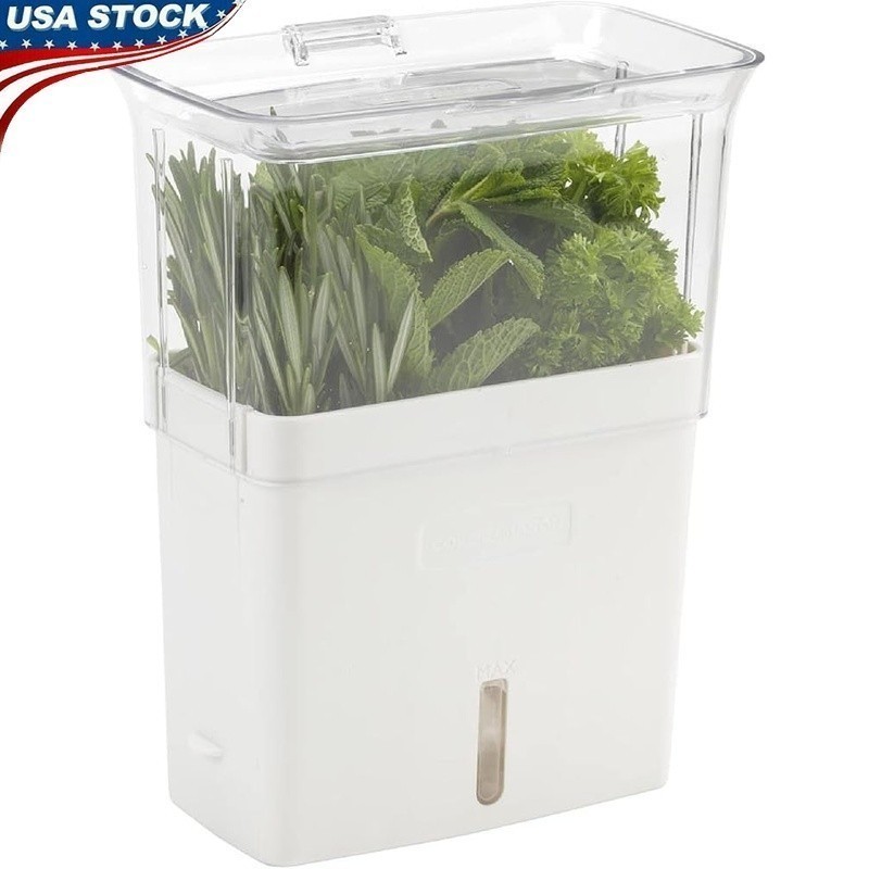 Herb Keeper W/ Flip Slide Lid & Water Level Indicator Fresh Herb Storage New