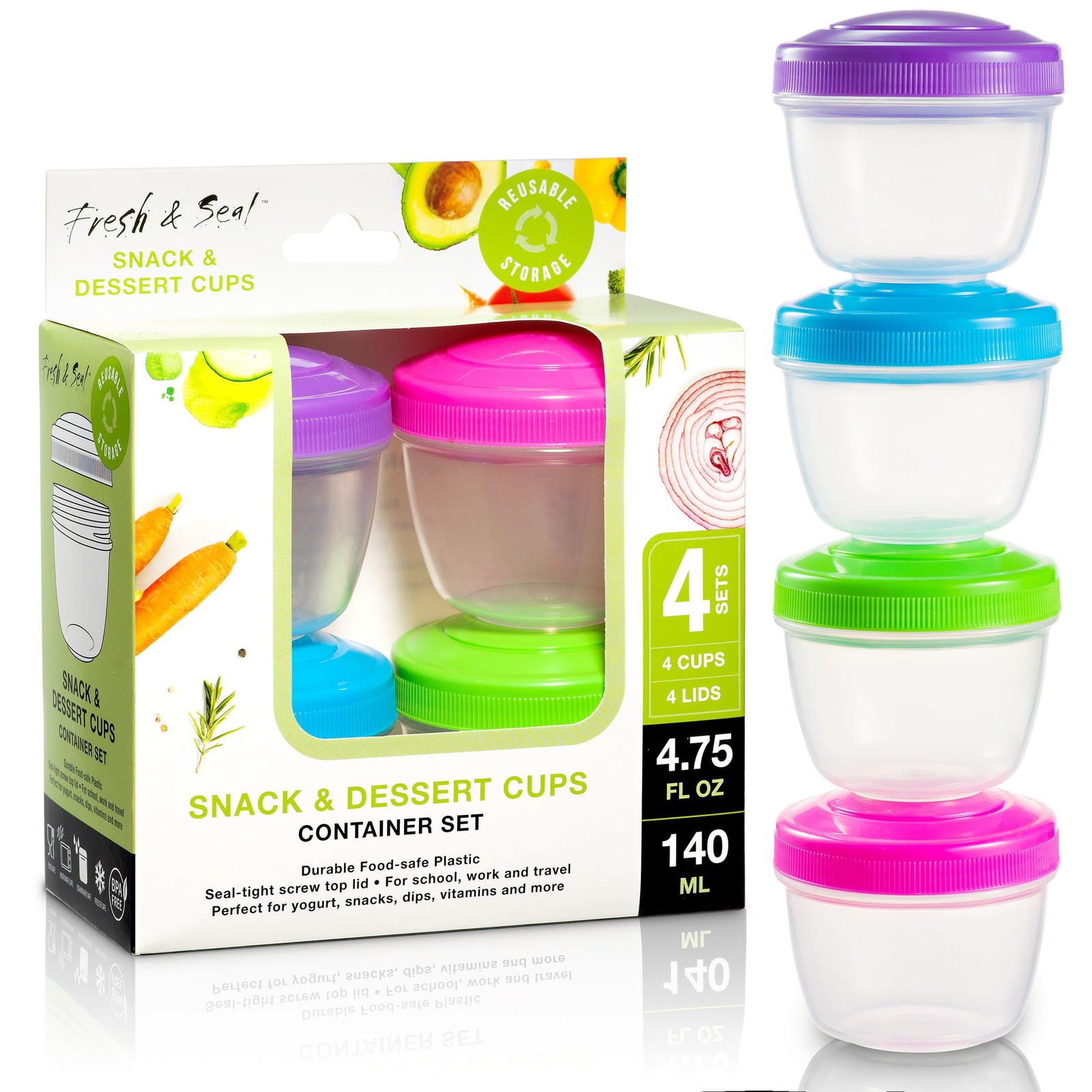 Snack Containers (4 Set) – 4.75 Oz Small Food Storage Cups with Lids – Fruit,…