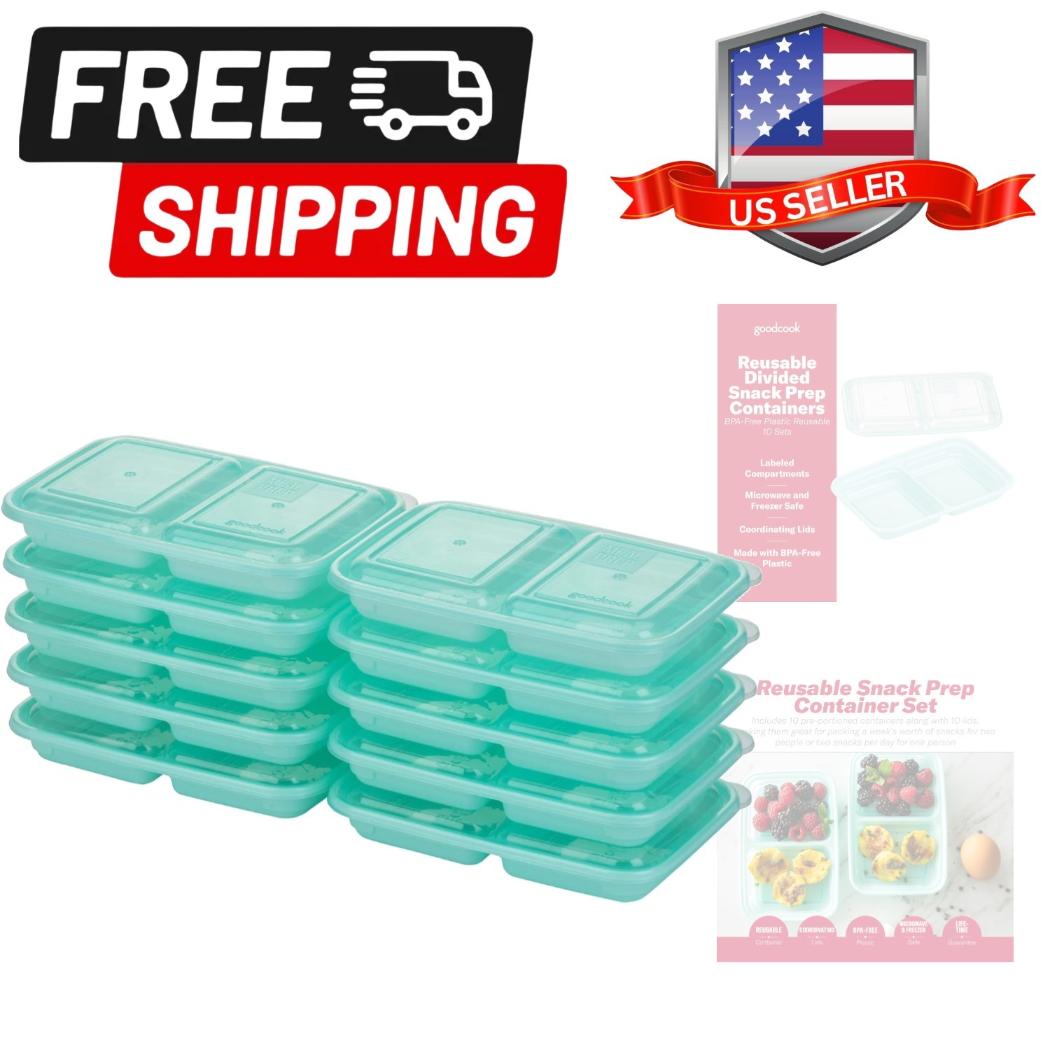 2-Compartment Food Storage Container Set with Snap-Shut Lids, Reusable Divide…
