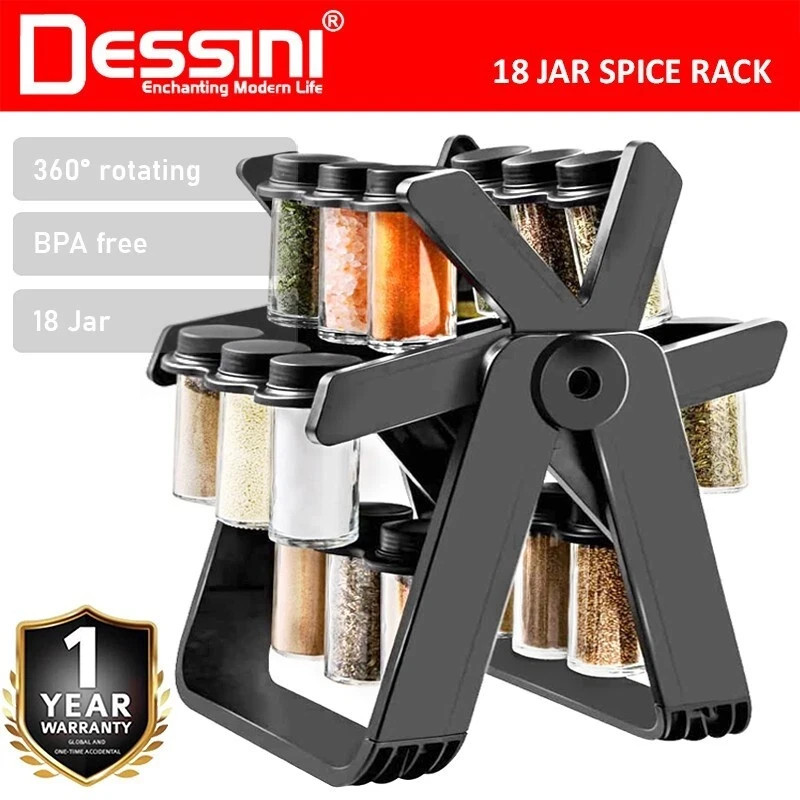 DESSINI ITALY 18 IN 1 Rotating Spice Tower Rack Glass Bottle Organiser Salt Stor