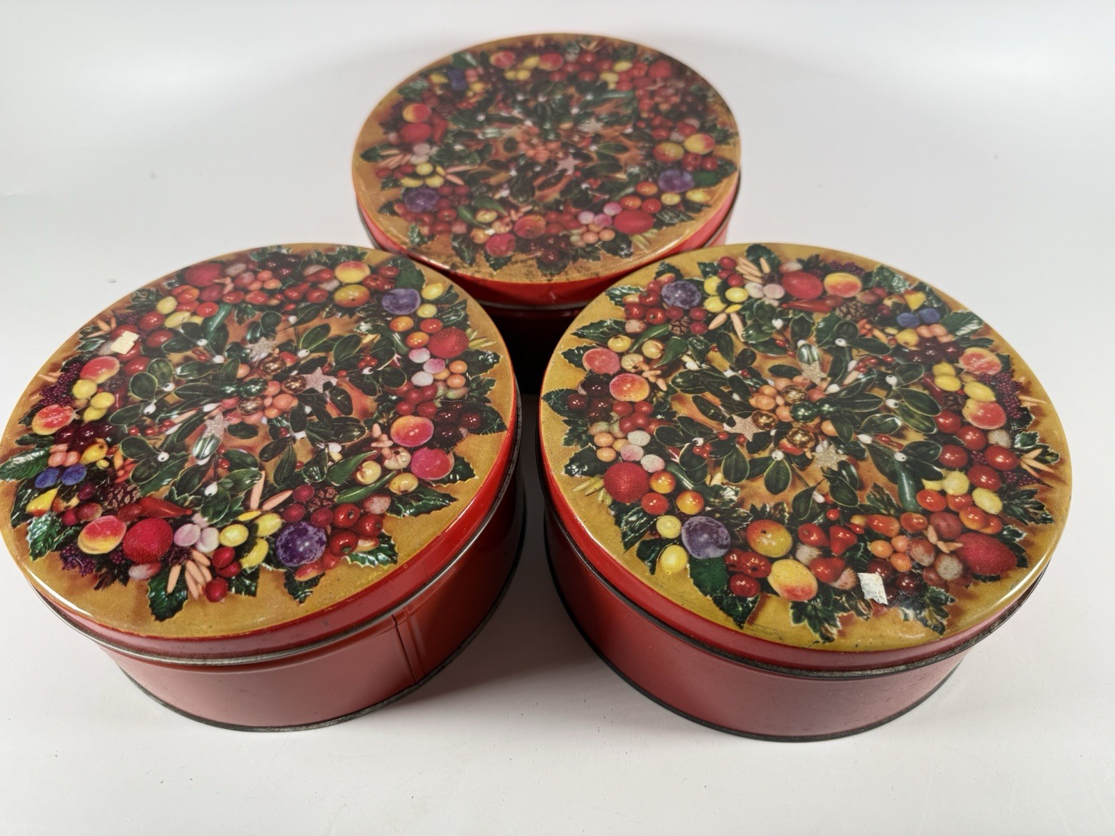 Lot of 3 Vintage Plantation Foods Holiday Fruit Wreath Cookie Tins 3”x6.5”