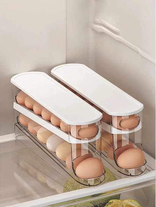 2-Layer Rolling Egg Dispenser Rack PET Holder Fridge Storage Organizer Gift