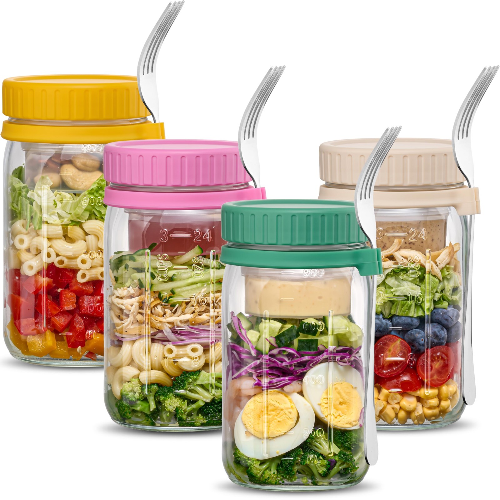 Danmu 32 oz Salad Jars with 2 Dressing Cups & Forks – Glass Mason Jar Meal Pr…