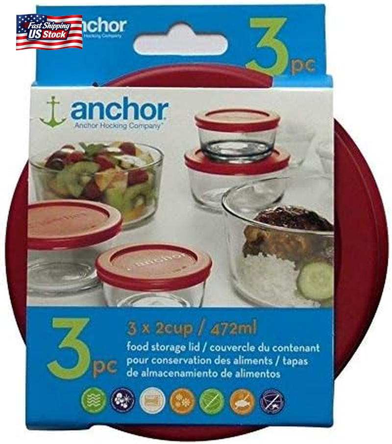 Anchor Hocking Replacement Lid 2 Cup / 472 Ml, Set of 3 Lids, Red Round