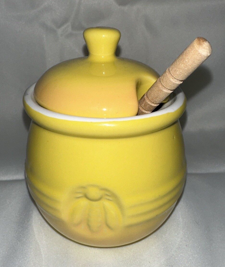 Yellow Creative Co-op Honey Pot w/Wooden Dipper Lid Stoneware 3.75”-3”