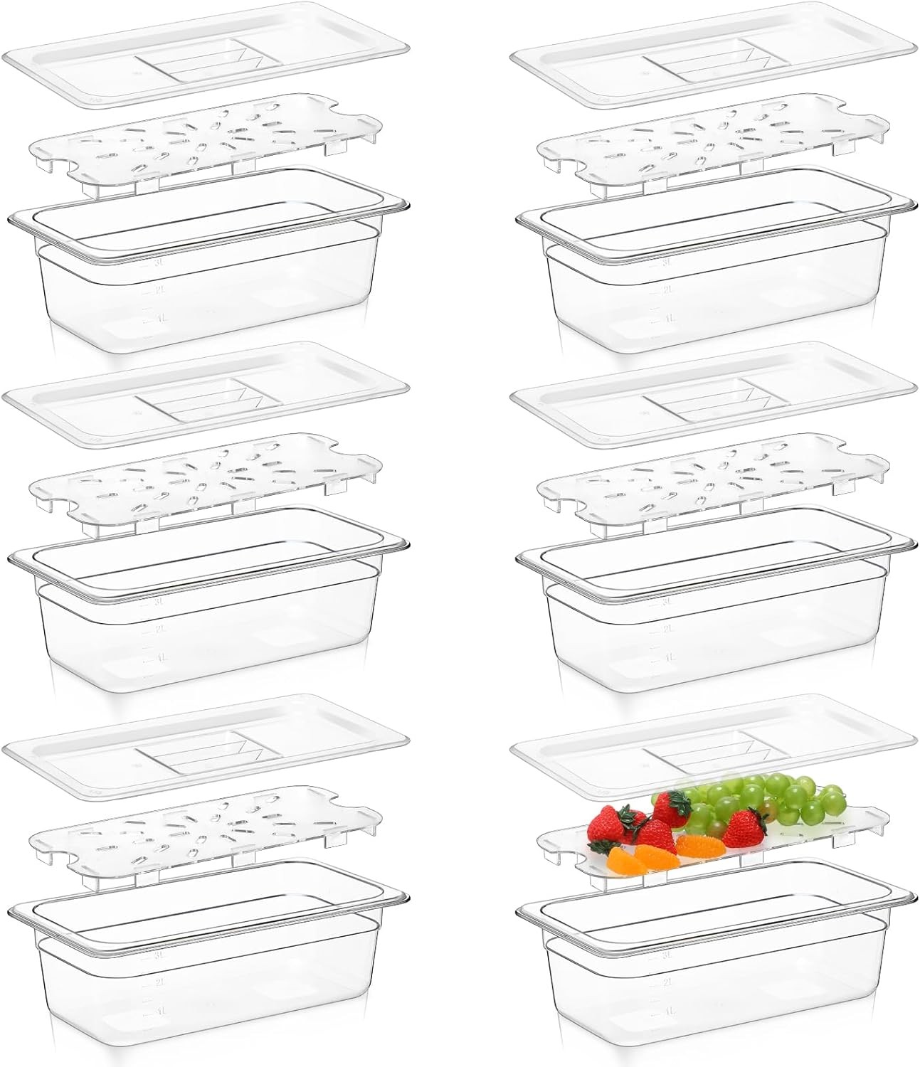 1/3 Size Polycarbonate Food Pans with Lids & Drain Shelf – Clear, 6-Pack