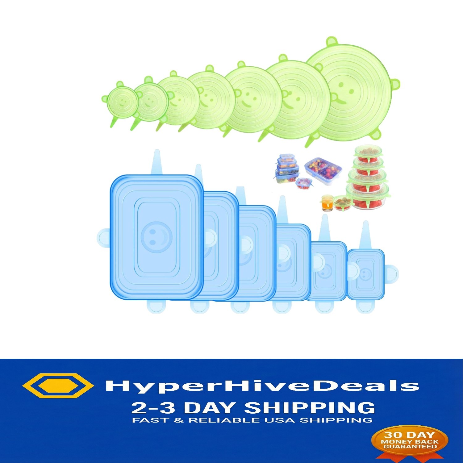 Secure Food Storage: 12 Silicone Stretch Lids in Round & Rectangle Shapes