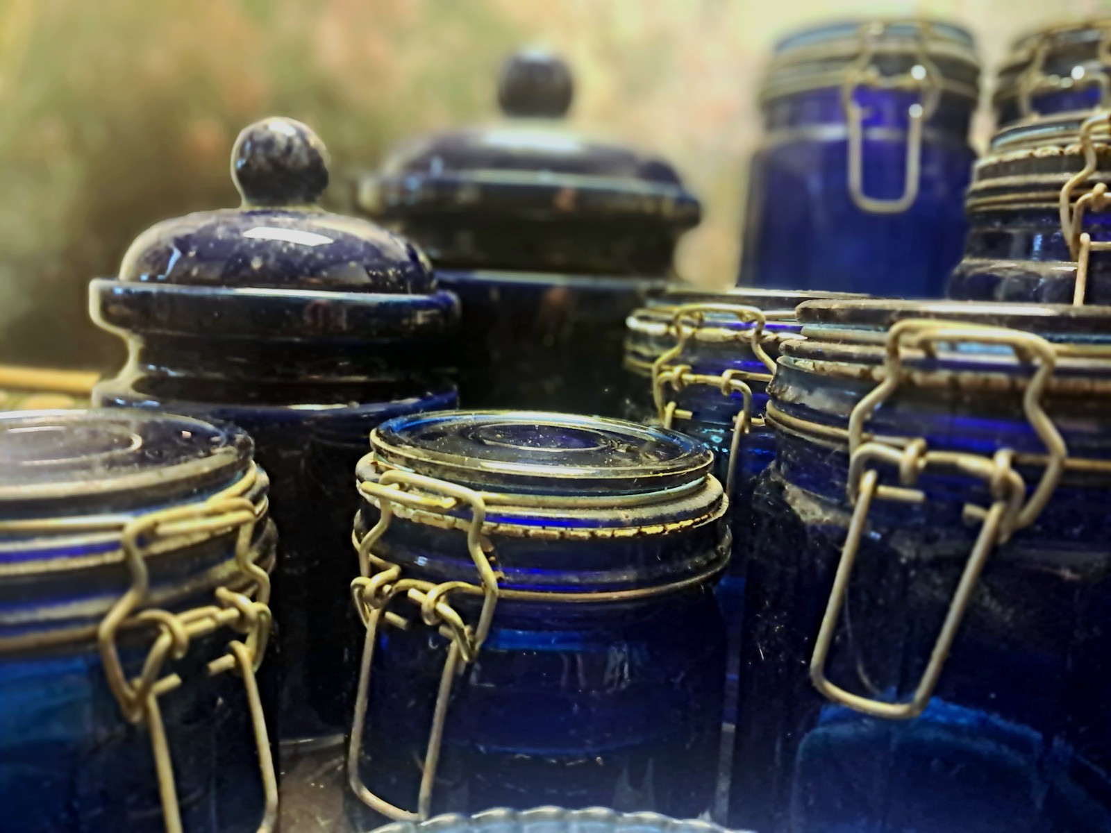 Vintage Cobalt Blue Glass Canisters Rubber Seal Metal Bale Locking Lid Set
