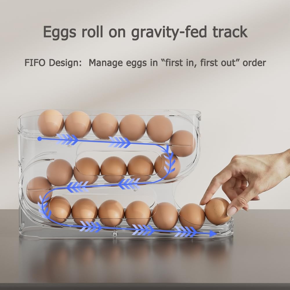 Clear Egg Holder for Fridge, Auto Rolling Egg Dispenser for Eggs 18 Count, FI…
